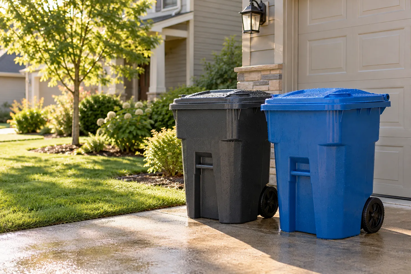 two clean bins ready beside a residential driveway