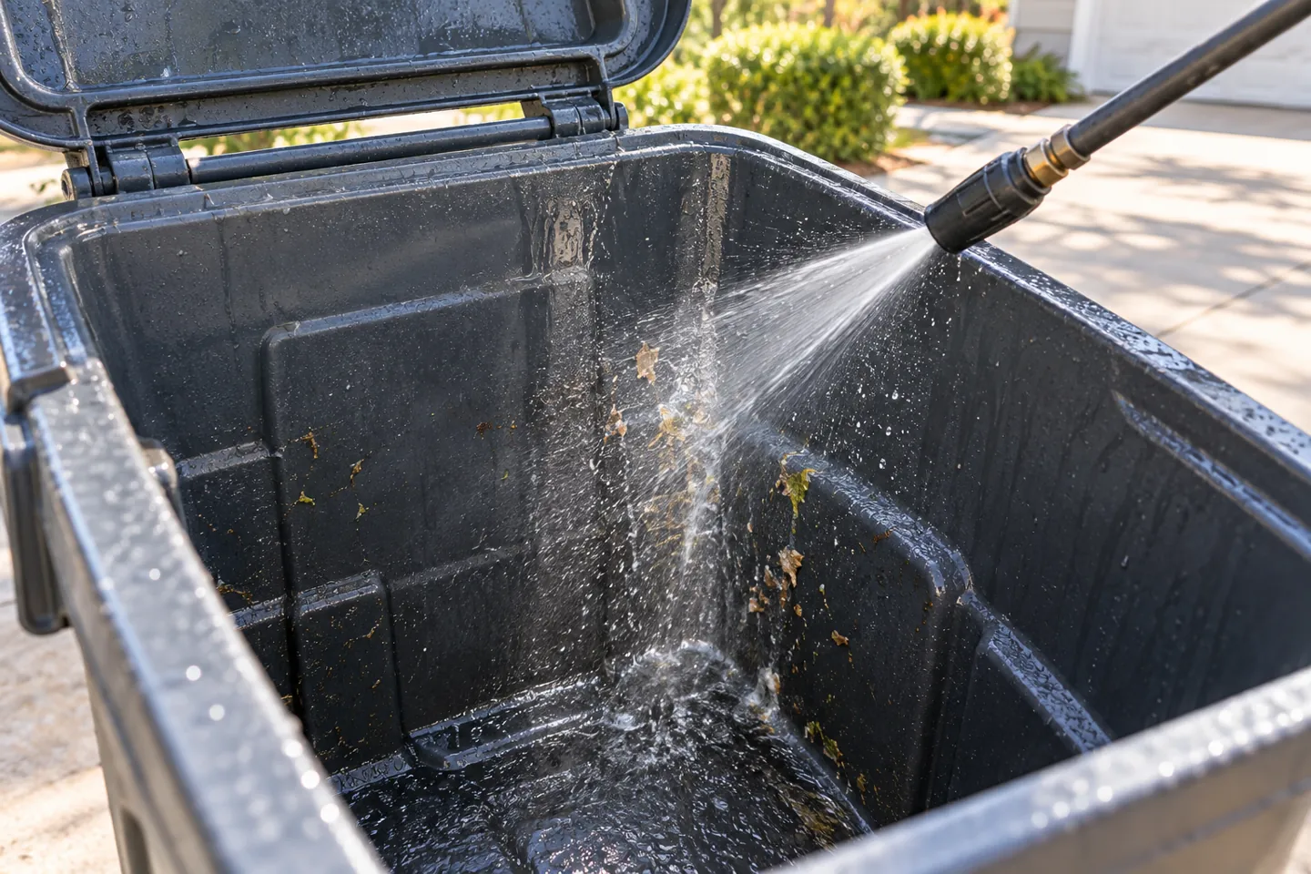 Close-up of water removing grime from a bin interior
